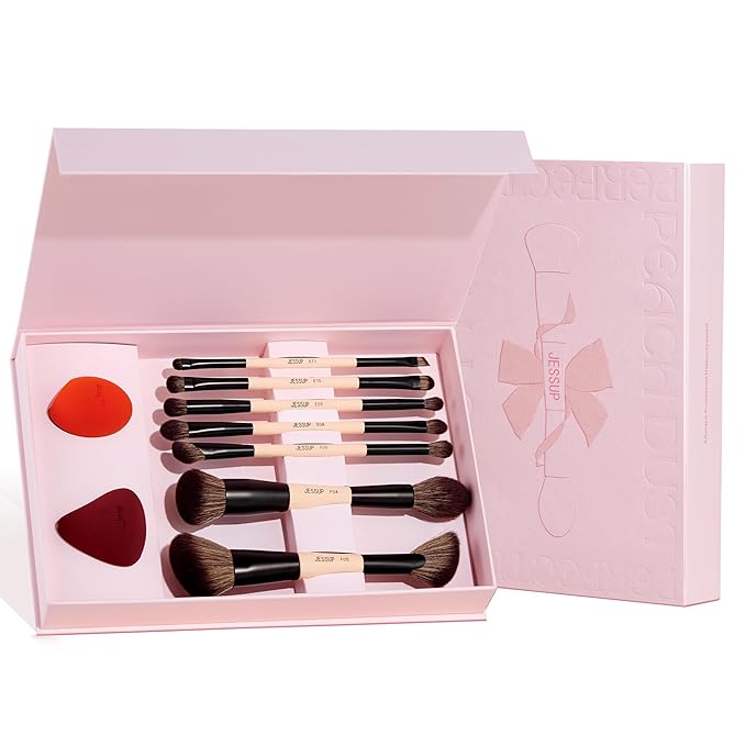 Jessup Makeup Brushes Set with Makeup Sponge, 7pcs Double Sided Makeup Brushes for Foundation Concealer Blush Eyeshadow Contour Bronzer Powder Blending Eyebrow Eyeliner with Gift Box, T506-VivaGrace Women