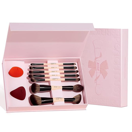 Jessup Makeup Brushes Set with Makeup Sponge, 7pcs Double Sided Makeup Brushes for Foundation Concealer Blush Eyeshadow Contour Bronzer Powder Blending Eyebrow Eyeliner with Gift Box, T506-VivaGrace Women