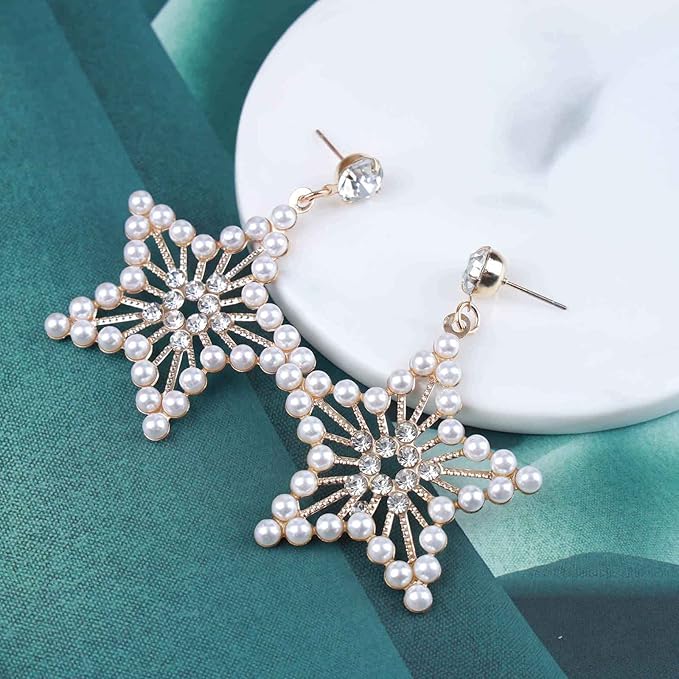 Vintage Pearl Star Drop Earrings Crystal Star Dangle Earrings Gold Rhinestone Stud Earrings Bohemian Large Star Statement Earrings Jewelry for Women and Girls Gifts-VivaGrace Women