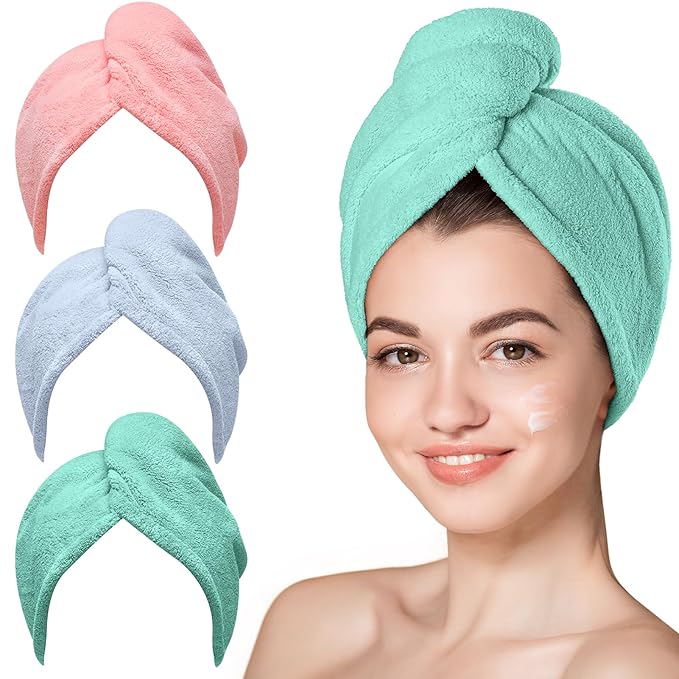 Hicober Microfiber Hair Towel, 3 Packs Hair Turbans for Wet Hair, Drying Hair Wrap Towels for Curly Hair Women Anti Frizz (Pink,Blue,Green)-VivaGrace Women