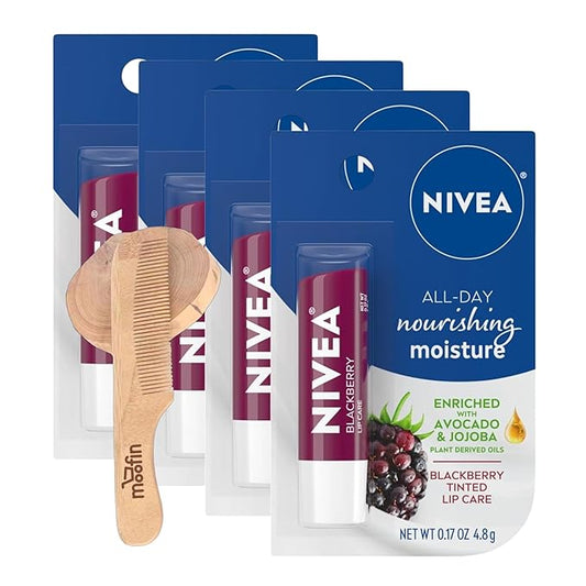 Nivea Lip Balm Hydrating, 0.17 Oz, Enriched with Avocado & Jojoba for Soft, Smooth Lips, Hydrating Lip Balm Includes Moofin Wooden Comb, Blackberry Scent, Lip Balms & Moisturizers, [Pack of 4]-VivaGrace Women