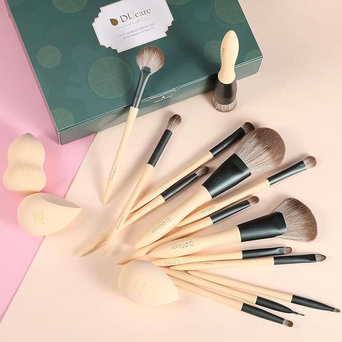 DUcare Makeup Brushes 14Pcs with 3Pcs Makeup Spong & Cosmetic Bag - Lime Mojito Series Makeup Brush Set for Foundation Blending Face Powder Blush Concealers Eye Shadows-VivaGrace Women
