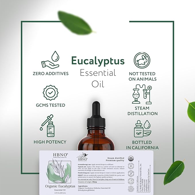 HBNO California Bottled Organic Eucalyptus Essential Oil (Globulus) - 4 fl oz (120ml) - USDA Certified Organic - Ideal for Diffuser, Hair, Face, Skin Care, Aromatherapy, Scalp & Body Massage-VivaGrace Women
