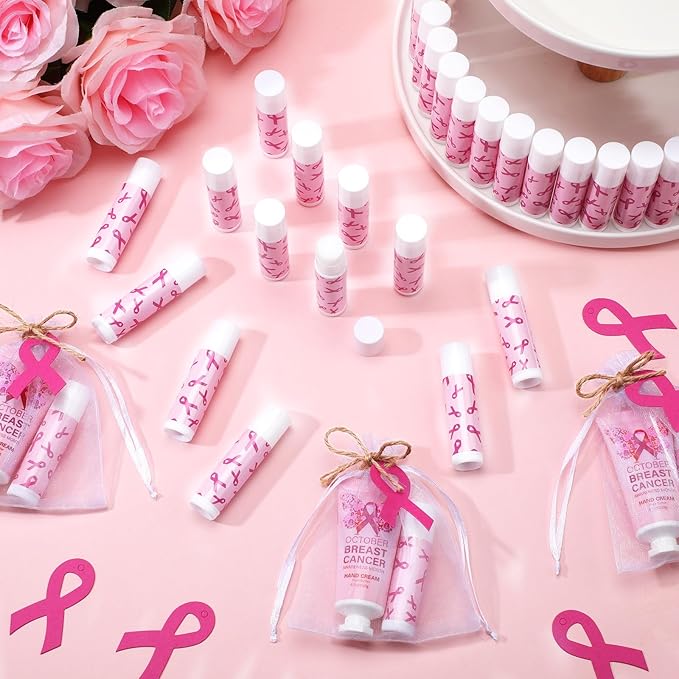 50 Set Breast Cancer Awareness Gifts Bulk Woman Pink Ribbon Lip Balm Hand Cream Include 50 Lip Balm 50 Hand Cream 50 Bag 50 Tag Breast Cancer Awareness Month Items Survivors Offices-VivaGrace Women