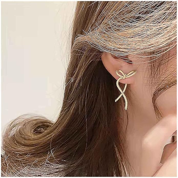 Vintage Crystal Bow Earrings Rhinestone Bow Drop Earrings Long Cz Rhinestone Earrings Gold Bow Cz Stud Earrings Jewelry for Women-VivaGrace Women