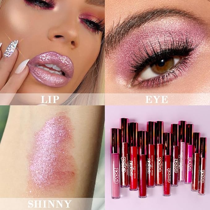 evpct 2Pcs Rose & Hot Pink Glitter Metallic Shimmer Diamond Lipstick Lip Gloss Set for Women Long Lasting Waterproof, Light Bright Rose Pink Sparkle Glitter Matte Liquid Lipstick Lip Makeup Kit-VivaGrace Women