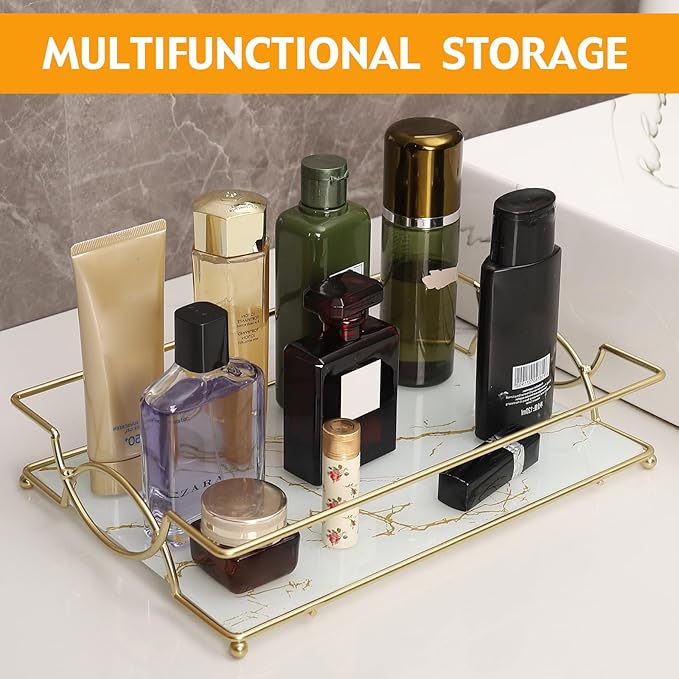Vanity Tray Luxury Bathroom Counter Tray Glass Perfume Organizer Holder Cosmetics Makeup Skincare Display Decorative Vanity Trays for Bathroom Dresser Bedroom (Platinum, L)-VivaGrace Women