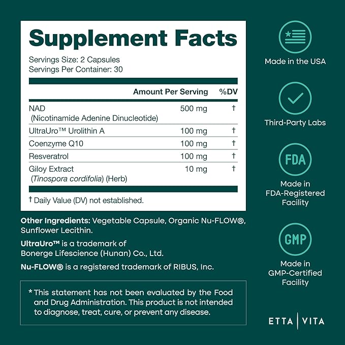 Liposomal NAD+ Supplement 500mg with Urolithin A, CoQ10, Resveratrol & Giloy (Made in USA) Mitochondrial, Cellular Energy, Cognitive, Anti-Aging & Detox Support - 3rd Party Tested Vegan, Non-GMO-VivaGrace Women