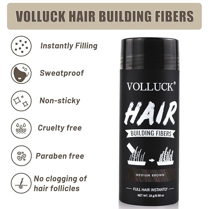 VOLLUCK Hair Fibers for Thinning Hair, Instant Coverage Hair Building Fibers for Women and men, Natural Hair Powder for Conceal Hair Loss 28 g (Medium Brown)-VivaGrace Women