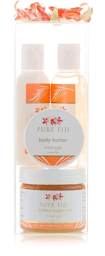 Pure Fiji Spa Gifts for Women and Man - Body Gift Box Include: Sugar Scrub, Bath and Body Oil, Body Butter and Body Lotion, Scent Mango-VivaGrace Women