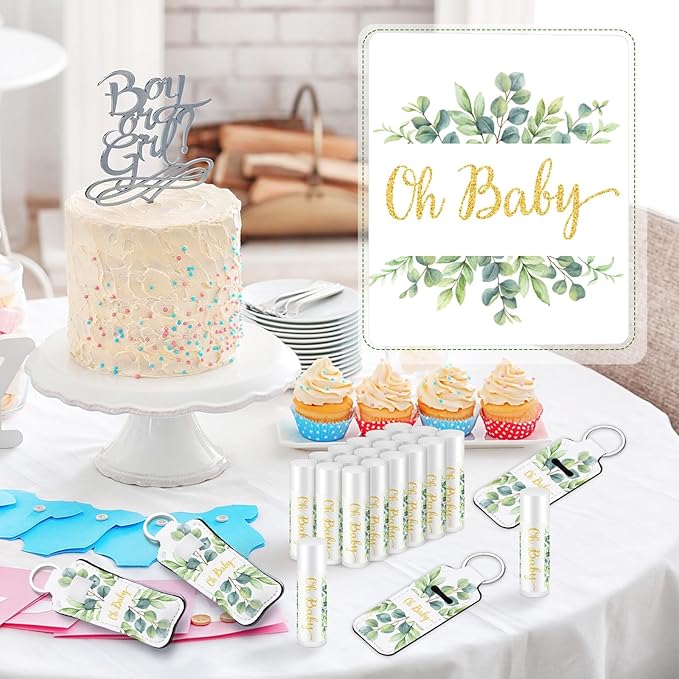 18 Sets Baby Shower Bridal Shower Favors for Guests Bulk Lip Balm and Lipstick Holder Keychains Set Baby Shower Bridal Shower Goodies Bags Thank You Gifts for Guests(Eucalyptus Baby)-VivaGrace Women