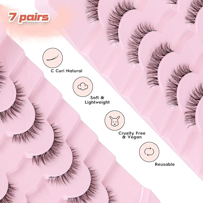 Natural Lashes False 11mm Short Eyelashes Wispy C Curl Eye Lashes Pack with Thin Cotton Band Fake Eyelash 3D Volume For Daily Siligli Lash 7 Pair-VivaGrace Women