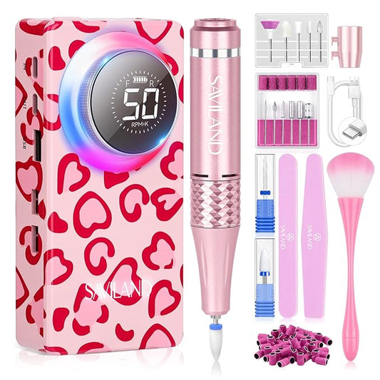 SAVILAND Electric Nail Drill Professional: 50000 RPM Electric Nail File Rechargeable Cordless Nail Drill Kit with Ceramic Drill Bits for Quick Acrylic Nail Removal Ambient Light Leopard Heart Print-VivaGrace Women