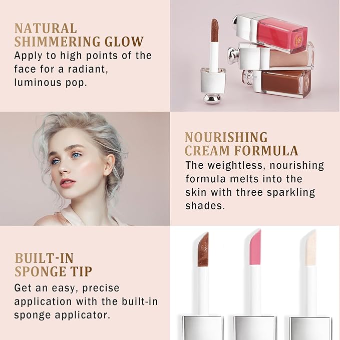 Contour Stick, Highlighter Stick, Blush Stick 3Pcs Cream Contour Kit with Contour Brush, Create Face Contour, Non-greasy, Waterproof Long-lasting Effect, Highlighter Makeup Stick (01-05-07, Light)-VivaGrace Women