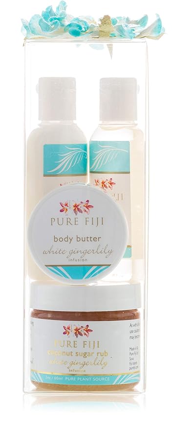 Pure Fiji Spa Gift for Women - Body Gift Box Include: Body Lotion 1Fl.Oz, Nourishing Exotic Oil 1 Fl.Oz, Body Butter 0.5oz & Sugar Rub 2oz, Scent White Gingerly-VivaGrace Women