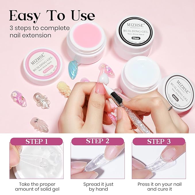 MIZHSE Solid Builder Gel for nails, 3 Colors Sculpting Gel for Nails, Clear White Pink Non-Sticky Hand 3D Nail Art Building Carving Modeling Hard Nail Extension Manicure Salon Home DIY Gift-VivaGrace Women