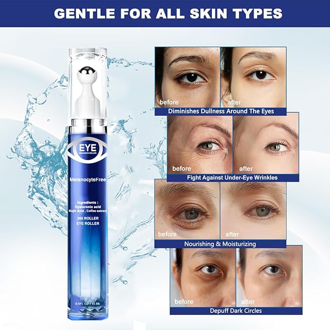 Caffeine Eye Serum,Under Eye Roller Serum with 360° Massage Ball,Eye Contour Cream for Dark Circles and Puffiness Wrinkles Fine Lines-VivaGrace Women