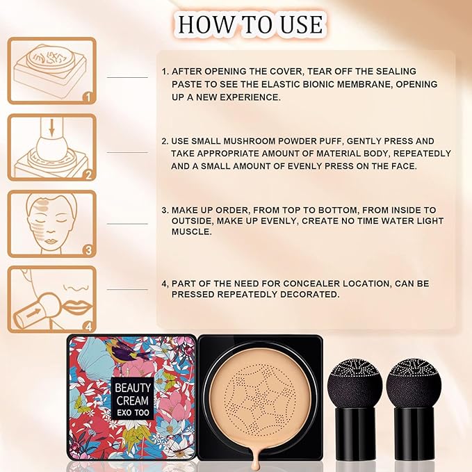 Beauty Cream EXO TOO Foundation, Beauty Cream Makeup Base, Moisturizing, Long Lasting Matte Air Cushion CC Cream Concealer with Two Mushroom Head Sponges-VivaGrace Women