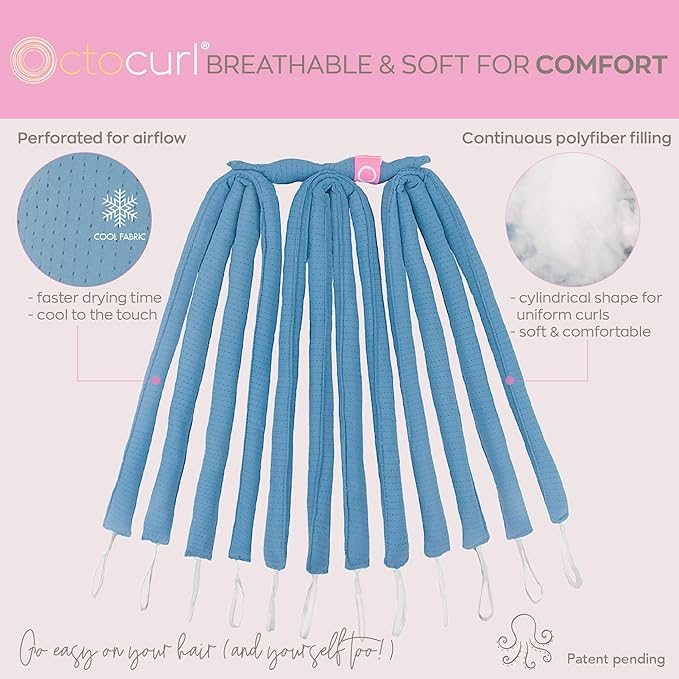 Octocurl Heatless Hair Curler - No Headband Octopus Curler - Overnight Curls for Short Hair (QMax - Blue)