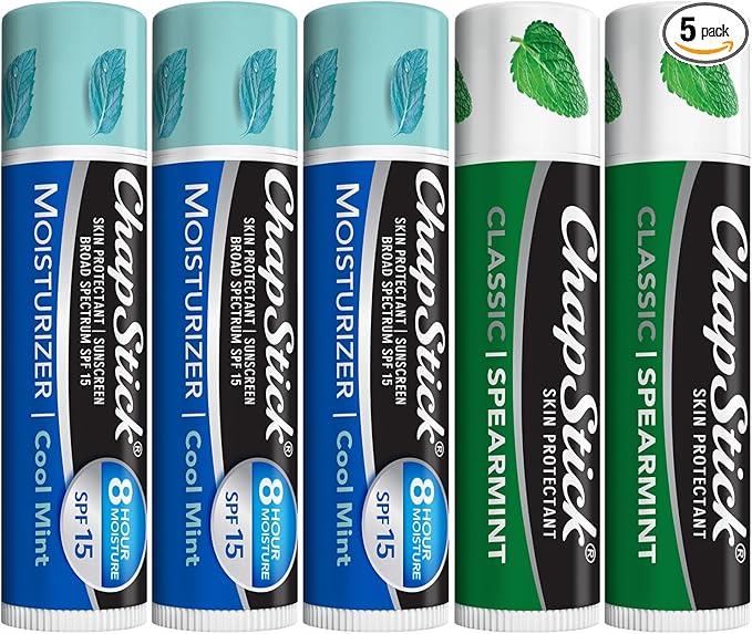 ChapStick Moisturizer 2-in-1 Lipcare SPF 15 Cool Mint 3-Pack + Classic Spearmint Lip Balm 2-Pack, 0.15 Oz Ea (5 Piece Set)-VivaGrace Women