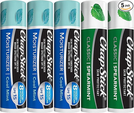 ChapStick Moisturizer 2-in-1 Lipcare SPF 15 Cool Mint 3-Pack + Classic Spearmint Lip Balm 2-Pack, 0.15 Oz Ea (5 Piece Set)-VivaGrace Women