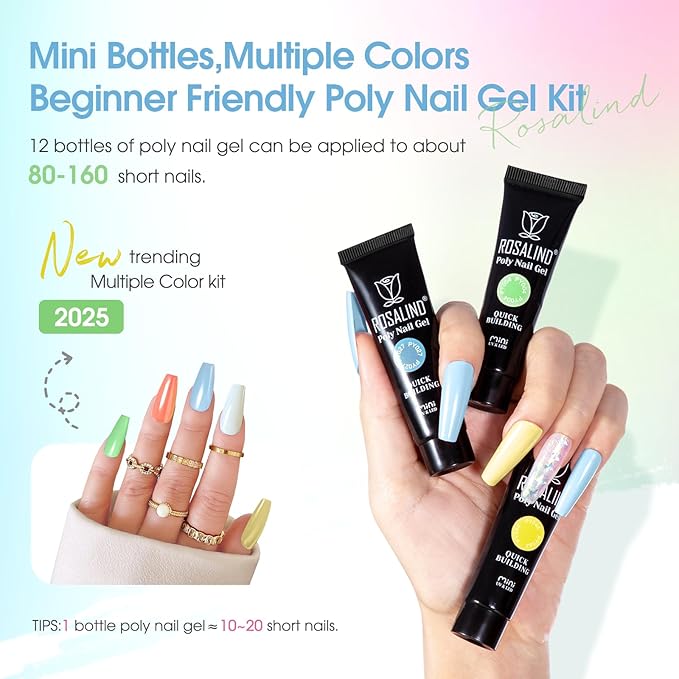 ROSALIND 12PCS Poly Nail Gel Kit with Mini Nail Lamp Nude Brown Cherry Pink Poly Extension Gel Kits-VivaGrace Women