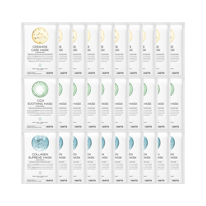 Hydrating Soothing Sheet Masks Gift Set for Skincare, Korean Vegan Sheet Mask for Dry, Sensitive Skin, Calming, Smoothing, Brightening, Collagen, Ceramide, Cica, Hyaluronic Acid 30EA-VivaGrace Women