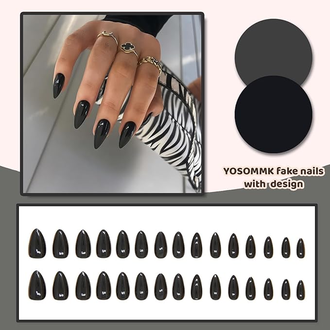 Black Fake Nails Medium Press on Nails Almond Glossy Acrylic Glue on Nails Full Cover Artificial False Nails for Women and Girls