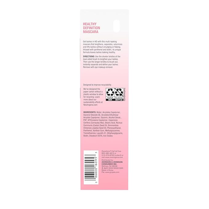 Neutrogena Healthy Definition Mascara - Defines, Lifts, Curls, Lengthens & Volumizes Lashes - Dual-Sided Comb + Brush for Natural Application - Carbon Black, 0.27 oz