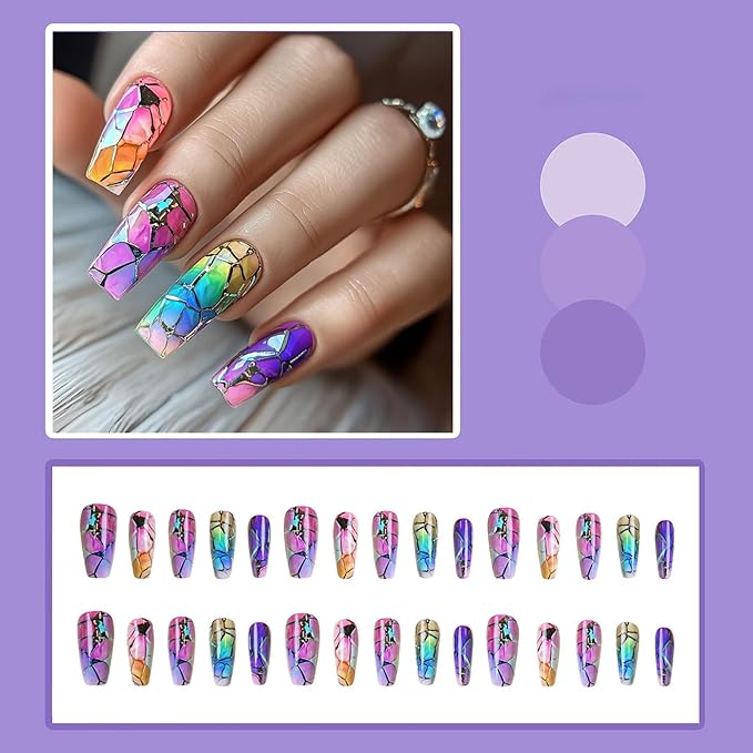 Coffin Press on Nails Medium Length Fake Nails Sparkly Stained Glass Windows False Nails with Designs Acrylic Artificial Nails Full Cover Glue on Nails Cute Stick on Nails for Women 24Pcs