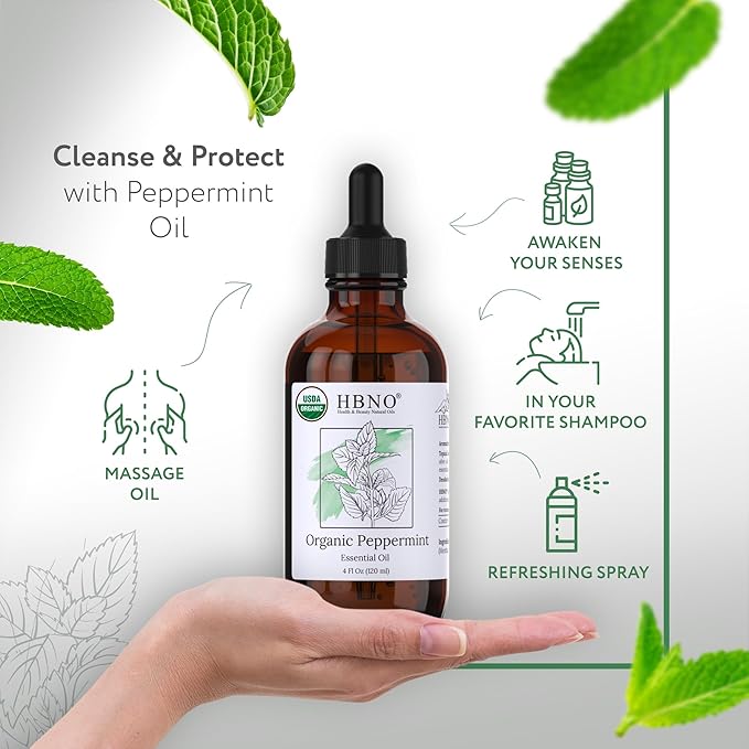 HBNO California Bottled Organic Peppermint Essential Oil (Mentha Piperita) 4 fl oz (120ml) - USDA Certified Organic Peppermint Oil for Hair - Perfect for Aromatherapy-VivaGrace Women