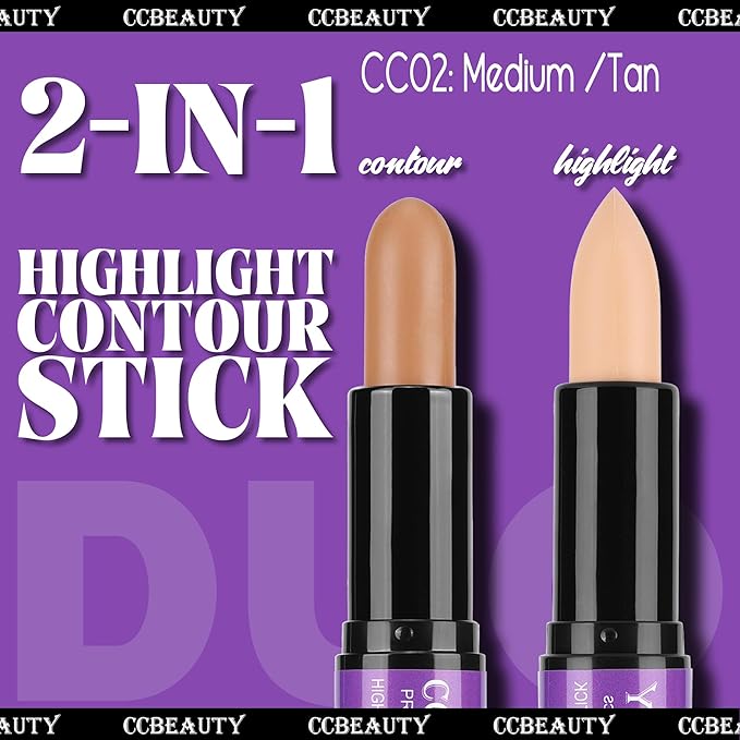 CCbeauty 2pcs 2-IN-1 Matte Contour Highlighter Stick with Blush,Cream Dual-End Highlight Bronzer Concealer & Blusher for Cheeks & Lip, Long Lasting Contouring for Face Shaping Makeup, Medium-Tan-VivaGrace Women