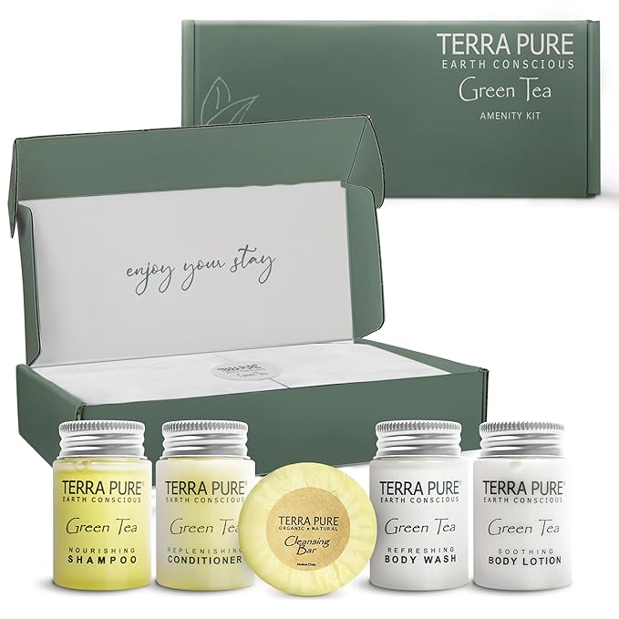 Terra Pure Green Tea Amenity Kit | Boxed Hotel Toiletries | Bulk Set 1oz Travel Size Shampoo, Conditioner, Lotion, Body Wash & Body Bar Soap for Guest Hospitality AirBnB/Vacation Rentals | 1 set/ case-VivaGrace Women