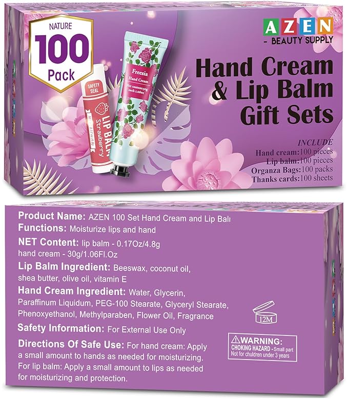 AZEN 100 Sets Hand Cream Bulk and Lip Balm Bulk Set, Bridal Shower Gifts for Guests with Organza Bag Thank You Card, Thank You Gifts for Coworkers Women Men, Bridal Wedding Favors for Guests-VivaGrace Women