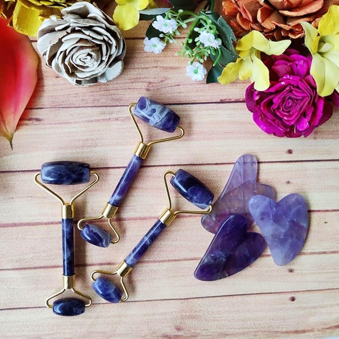 Amethyst Massage Roller and Gua sha Set | Reduces Wrinkles, Fine lines and Dark Circles | Pink Jade Roller | Anti-aging Massager for Skin Toning and Tightening for Face, Eyes, Neck-VivaGrace Women