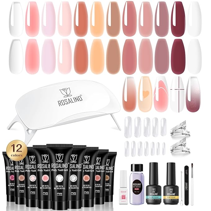 ROSALIND Poly Nail Gel Kit -12 Colors + Nail Art Accessories Kit Summer Neon Poly Nails Gel Kit Starter Kit With Slip Solution Pro Bright Colors Nail Extensions Gel Set with Mini UV Lamp-VivaGrace Women