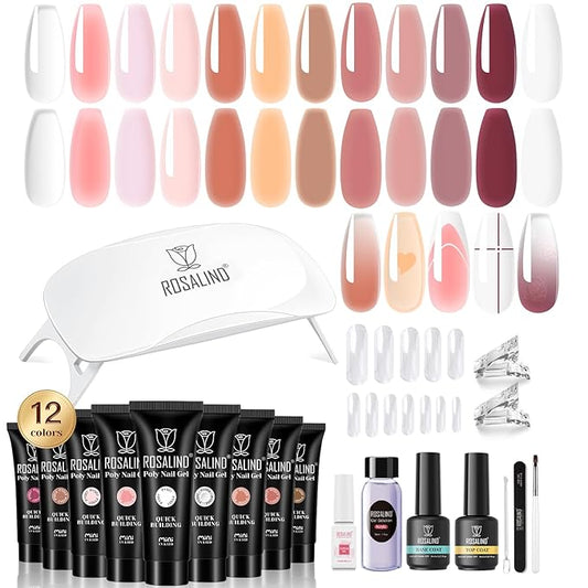 ROSALIND Poly Nail Gel Kit -12 Colors + Nail Art Accessories Kit Summer Neon Poly Nails Gel Kit Starter Kit With Slip Solution Pro Bright Colors Nail Extensions Gel Set with Mini UV Lamp-VivaGrace Women