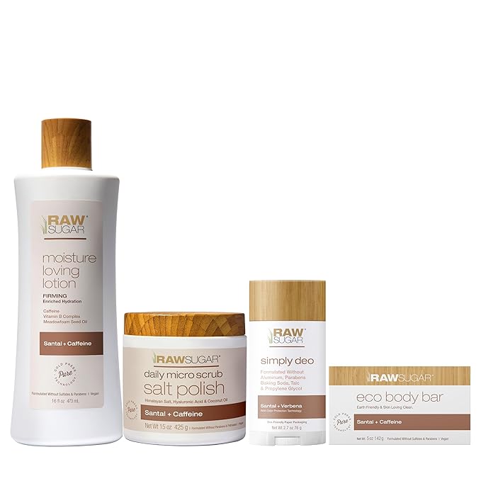 Raw Sugar Santal Body Love Bundle - Body Scrub, Body Lotion, Soap Bar, & Deodorant, Vegan and Cruelty Free, Formulated without Sulfates + Parabens-VivaGrace Women