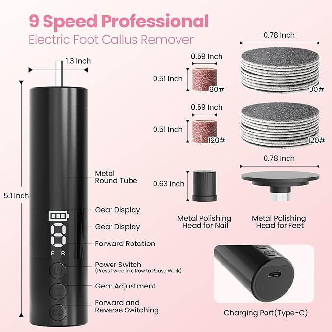 Electric Callus Remover for Feet, Rechargeable Professional Electronic Foot File Nail Grinder,9 Adjustable Speed Foot Sander Scrubber Pedicure Tool for Dry Dead Skin with Sandpaper Discs (Black)-VivaGrace Women