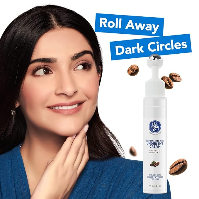 The Moms Co. Natural Vita Rich Under Eye Cream for Dark Circles and Puffiness for Women, Suitable for Delicate Skin Under Eye Area, Soothing Massage Roller with Coffee Oil, Vitamins E & B3, 15 gm-VivaGrace Women