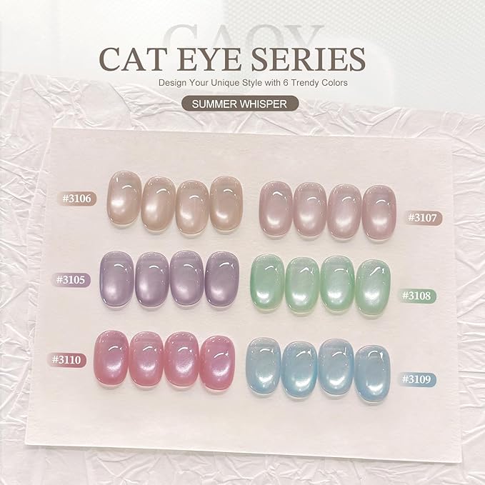 GAOY Summer Gel Nail Polish Set, 6 Icy Sheer Cat Eye Gel, Crystal Clear Holographic Nail Art for Beach Vacations & Pool Party Glam