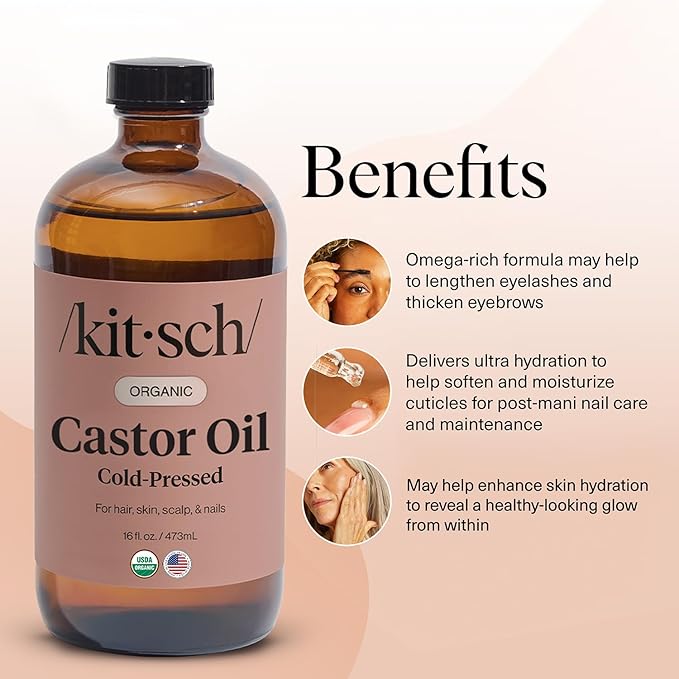 Kitsch Organic Castor Oil for Hair Growth - 100% Pure Castor Oil, Organic Cold Pressed Unrefined Glass Bottle for Face, Skin, Lashes, Brows, Scalp, Nails & Belly Button - Hexane Free, USDA - 16 oz-VivaGrace Women