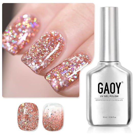GAOY Glitter Gel Nail Polish, 16ml Pink Champagne Sparkly Gel Polish, Diamond Shiny Glitter Soak Off UV Gel for Nail Art, 1124 Pink Champagne