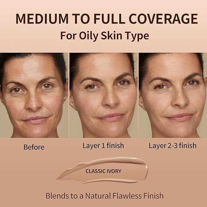 FV Full Coverage Liquid Foundation Makeup, Long Lasting Matte Foundation with Flawless Finish, Concealing & Minimizing Pores, Oil Control Waterproof for Oily Combination Skin, 1 Fl. Oz(Classic Ivory)-VivaGrace Women
