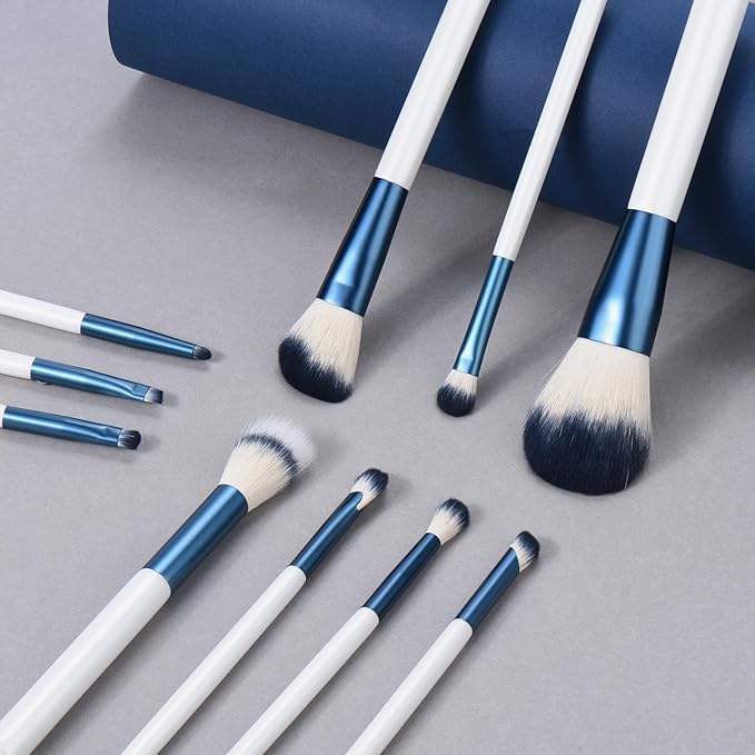 Makeup Brushes Set With Case 10Pcs White Makeup Brush Kit Foundation Eyeshadow Powder Blending Kabuki Eyebrow Eyelash Brushes Cosmetic Brush Travel Kit Gift (White+Blue)-VivaGrace Women