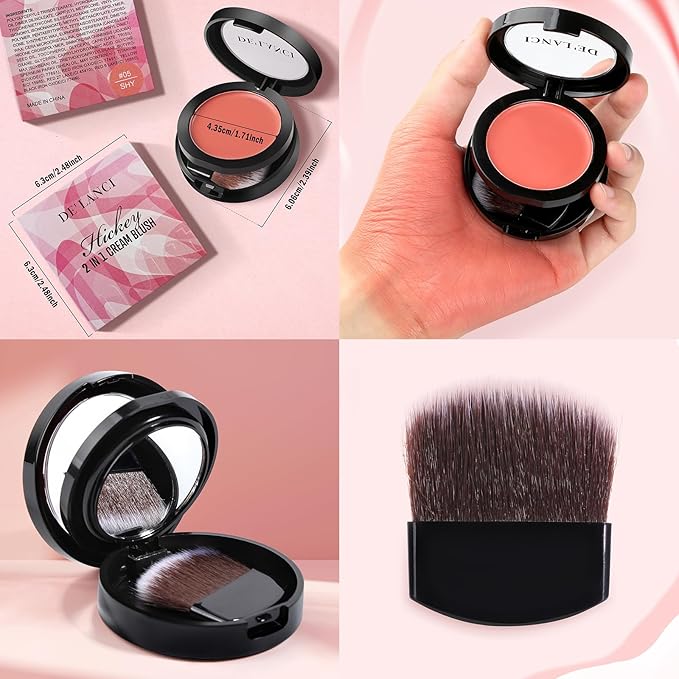DE'LANCI Blush Single for Cheeks+Lip, Buildable Color Silky Smooth Peach Blush, Best Peachy Half Matte Blusher for Fair Medium Skin, Easy to Use Travel Size, Breathable Blendable Cream Blush (SHY 05#)-VivaGrace Women