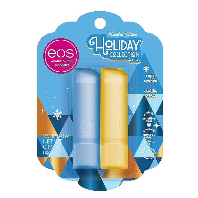eos Holiday Lip Balm Gift- Sugar Cookie & Vanilla Toffee, Stocking Stuffers, All-Day Moisture Lip Care, 0.14 oz, 2-Pack-VivaGrace Women