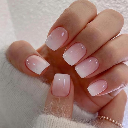 Press on Nails Square - French Ombre Pink Fake Nails Short Acrylic Full Cover Glue on Nails in 12 Sizes - 24 Piece Nail Kit，Natural Fit for Women & Girls Daily Wear