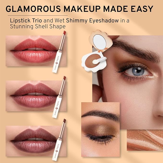 Shell Makeup Set - All in One Makeup Kit for Women with Compact BB Cream Powder, Eyeshadow Palette with Brown Shades, Eye Shadow Brush, Mascara, 3 Lipsticks, Necklace - Make Up Gift Set Box-VivaGrace Women