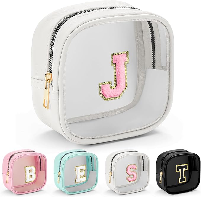 YOOLIFE Initial Make Up Bag Travel Toiletry Bag, Clear Makeup Bag Preppy Cosmetic Bags Organizer Travel Essentials Gifts for Women Teen Girlfriend Teacher Mom Birthday Mothers Day Gifts White J-VivaGrace Women